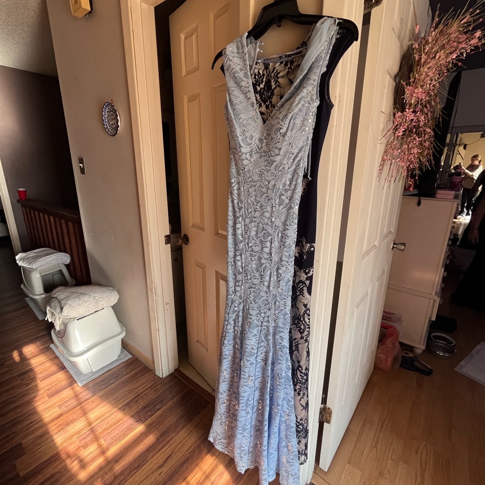 B Darlin Light Blue Lace Maxi Dress